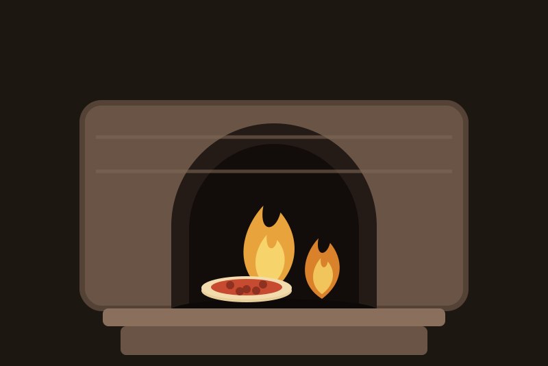 Pizza baking inside a wood-fired pizza oven